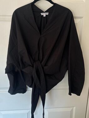 Poplin Black Tie-Front Long Sleeve Blouse